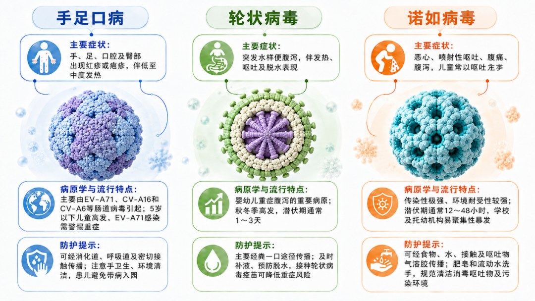 手足口病诺如病毒感染和轮状病毒性腹泻症状及传播特点对比
