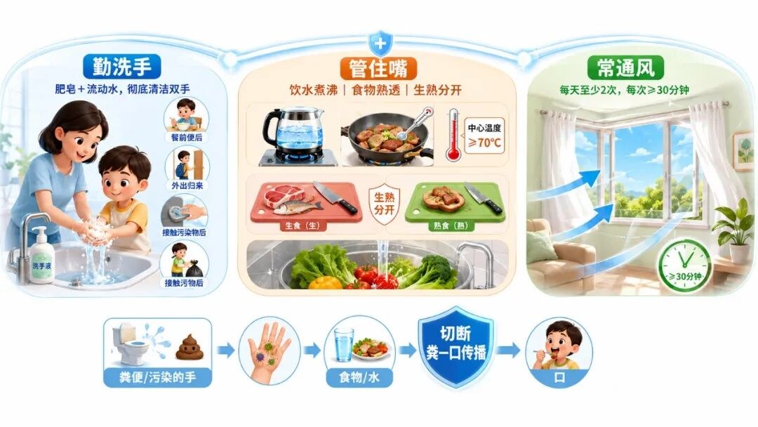 儿童肠道传染病勤洗手饮食卫生通风防控措施