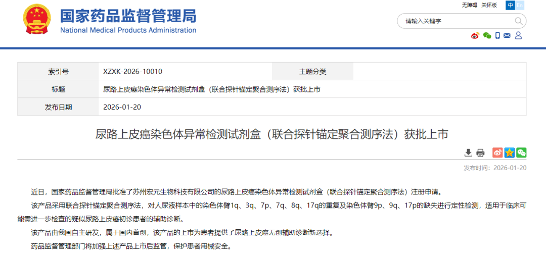 图/2026年1月，尿路上皮癌染色体异常检测试剂盒（联合探针锚定聚合测序法）获国家药品监督管理局批准上市