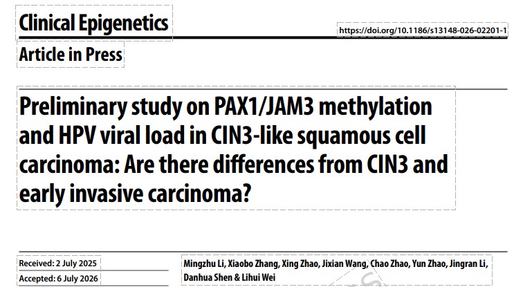 北京大学人民医院魏丽惠教授团队发表于《Clinical Epigenetics》的前瞻性回顾研究，通过HPV病毒载量与PAX1/JAM3双基因甲基化两大分子标志物，对这一特殊类型宫颈癌进行了探索，为临床精准诊断提供全新分子依据。